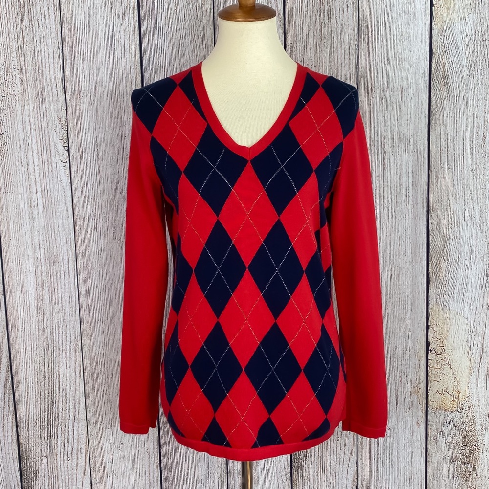 Tommy Hilfiger Women’s Red/Navy Argyle Sweater, M - Picture 4 of 8